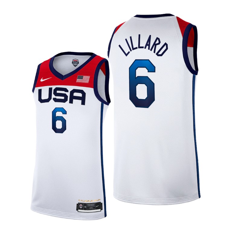 Men's USA Basketball #6 Damian Lillard 2021 White Tokyo Olympics Stitched Home Jersey Men's USA Basketball #6 Damian Lillard 2021 White Tokyo Olympics Stitched Home Jersey